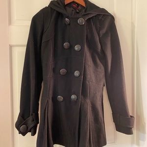 Black wool Hooded Double Breasted Pea Coat Jacket